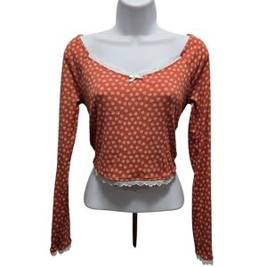 Urban Renewal Women Ditsy Print Floral Ribbed Lace Trim Cropped Top Small